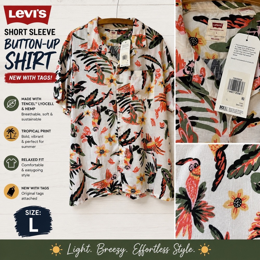 Levis Mens Relaxed Fit Tropical Print Hemp Lyocell Short Sleeve Shirt Large L